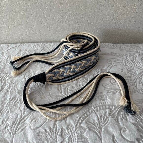 VTG Braided Canvas Belt 3 Tone Cream Blue OS Granola Coastal Retro 80s Nautical - Picture 1 of 4